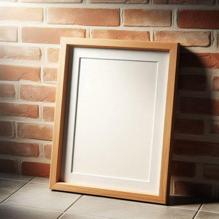 Blank picture frame on brick wall background. Mockup for designの写真素材