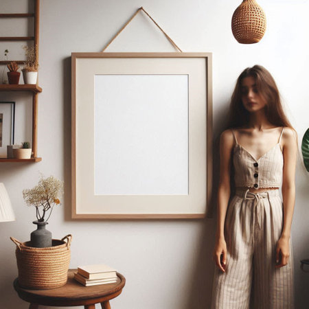 Stylish interior with mock up poster frame. Scandinavian style. Minimalist interior design.の写真素材