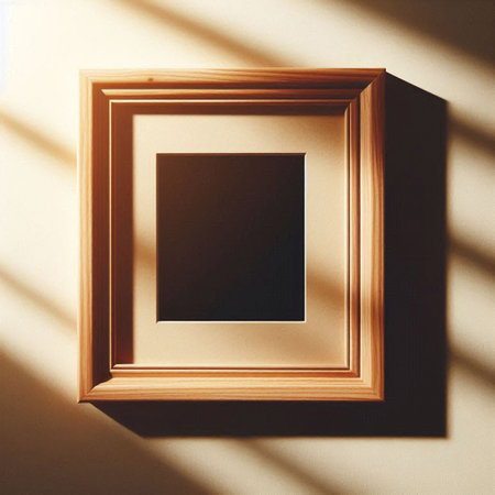 Wooden picture frame on wall with shadows and sunlight. Mock upの写真素材