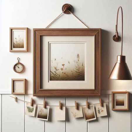 3d render of wooden picture frame hanging on the wall in room