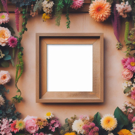 Blank photo frame with colorful flowers on brown background, top viewの写真素材