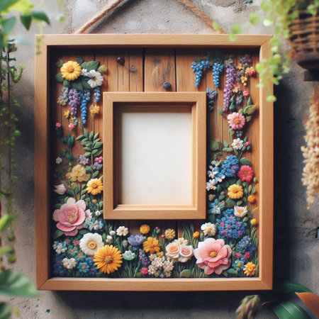 Wooden picture frame with flowers and plants on wooden wall background.の写真素材