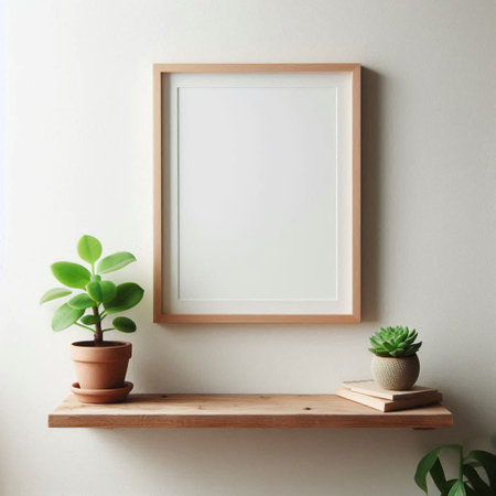 Wooden shelf with plants and blank picture frame on the wall.の写真素材