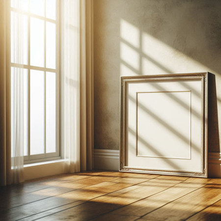 Empty picture frame in room with wooden floor and sunlight. Mock up, 3D Renderingの写真素材