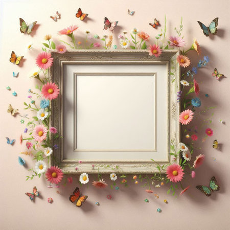 Frame mock up with colorful flowers and butterflies on pink background, top view