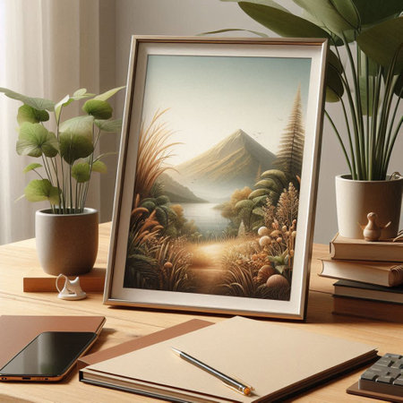 Wooden desktop with photo frame, notebook, mobile phone and potted plants