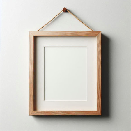 Wooden frame hanging on the wall. 3d render illustration.の写真素材