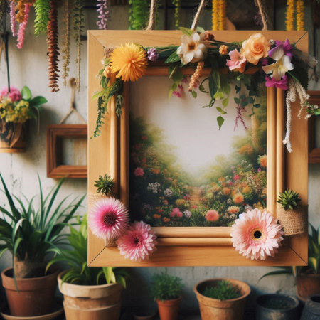 flowers in wooden frames hanging on the wall, vintage color toneの写真素材