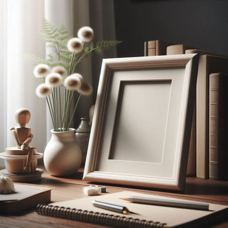 Modern workplace with blank photo frame on wooden table. Mock up, 3D Rendering