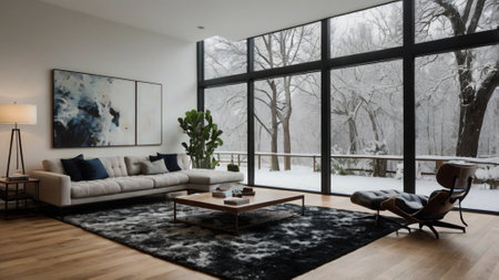 Interior of modern living room with panoramic view. Nobody insideの写真素材