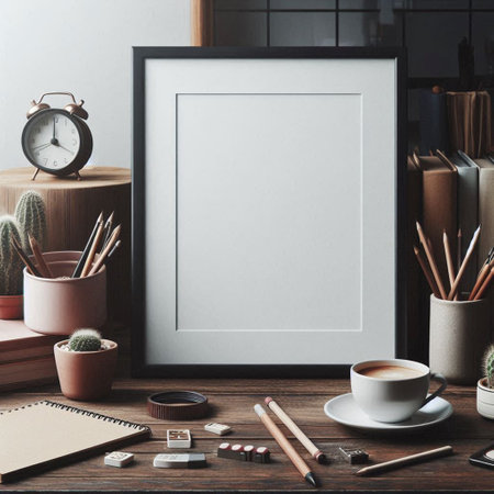 Blank picture frame mockup, coffee cup and stationery on wooden table.の写真素材