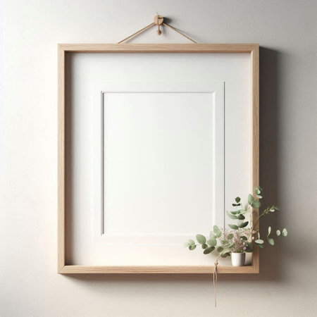 Blank picture frame mockup with eucalyptus in vase. 3d rendering