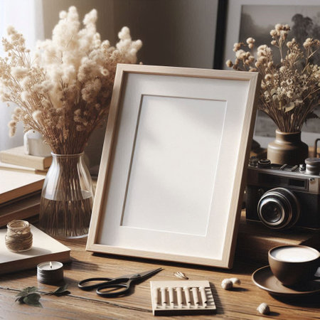 Blank photo frame mockup on wooden table with vintage camera and other objects.の写真素材