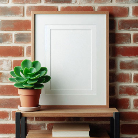 Blank picture frame mockup on bookshelf with plant on brick wall backgroundの写真素材