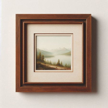 Wooden picture frame with mountain landscape on the wall. 3d rendering
