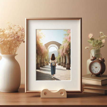 Woman walking in the park. Photo frame mockup. 3d illustration