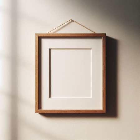 Mockup of a wooden frame hanging on a white wall.の写真素材