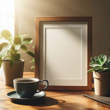 Blank picture frame mockup with coffee cup and succulent plant on wooden tableの写真素材