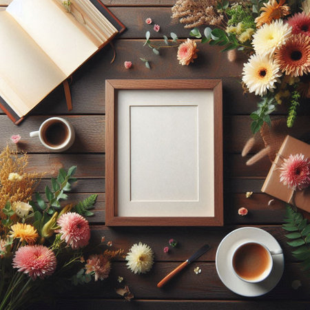 Top view of blank photo frame, cup of coffee, book and flowers on wooden backgroundの写真素材