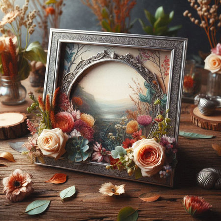 Still life with beautiful vintage photo frame on wooden background, top viewの写真素材