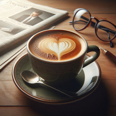 Cup of coffee with latte art on wooden table with newspaperの写真素材