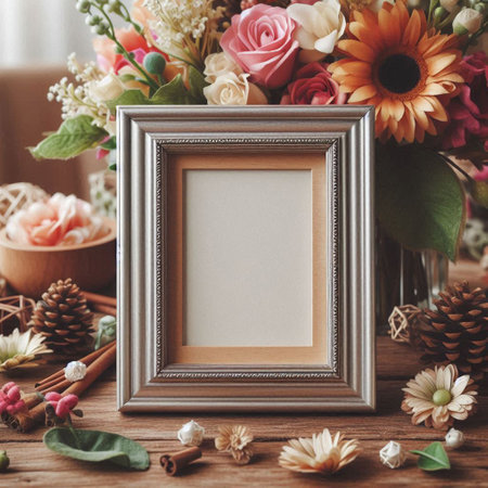 Bouquet of flowers with empty photo frame on the wooden table.の写真素材