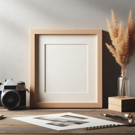 Mock up blank photo frame, vintage camera, stationery and pampas grass on wooden table.の写真素材