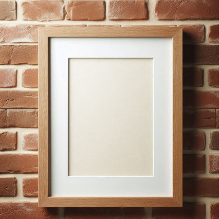 Blank paper sheet in wooden frame on brick wall, closeupの写真素材