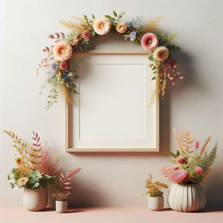 Frame mockup with flowers in vases on pink background. 3d renderingの写真素材