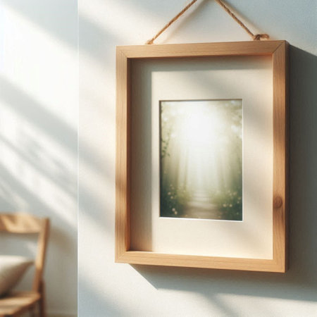 Wooden photo frame hanging on the wall. 3d rendering mock upの写真素材