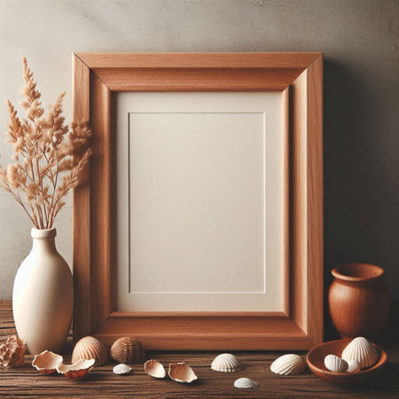 Wooden frame mockup with seashells and dried flowers. 3d renderingの写真素材