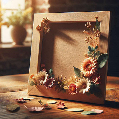 Wooden photo frame with flowers and leaves on a wooden table.
