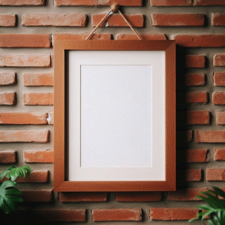 Blank photo frame hanging on brick wall. Mockup for designの写真素材