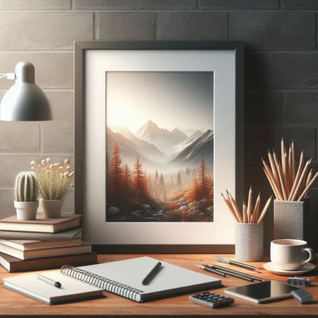 Mockup poster frame, stationery and coffee cup on wooden table. 3d render