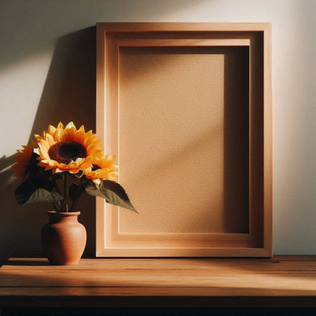 Blank picture frame with sunflowers in vase on wooden table