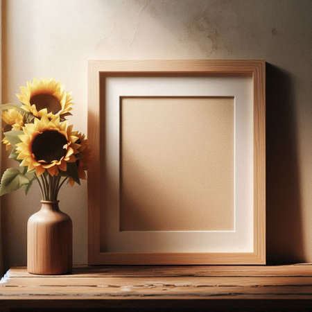 Blank picture frame with sunflowers in vase on wooden tableの写真素材
