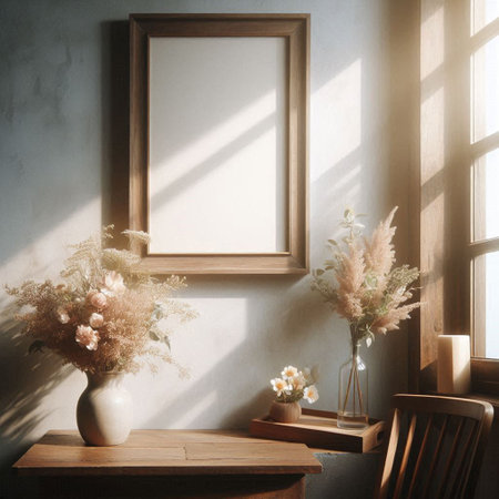 Wooden frame mockup and vase of flowers on the table