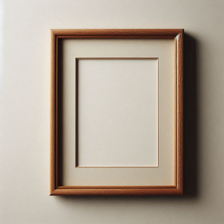 Wooden photo frame on a beige wall. Mock up.の写真素材