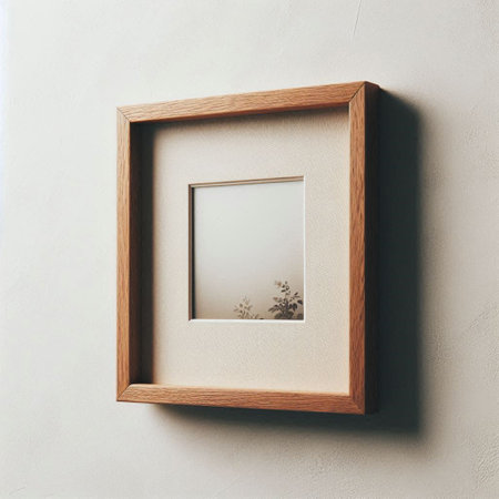 Wooden picture frame on a white wall. Mock up, 3D Renderingの写真素材