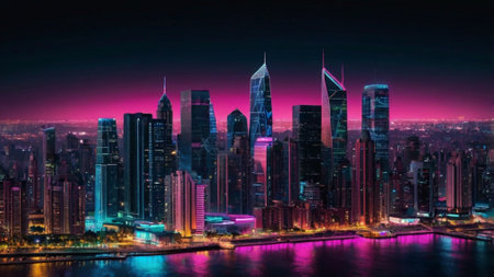 Night view of skyscrapers in Dubai, United Arab Emirates.の写真素材