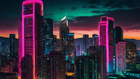 Dubai downtown skyscrapers at sunset, United Arab Emirates