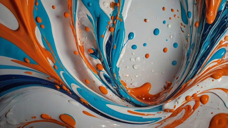 abstract background of orange, blue and white oil paint splashes