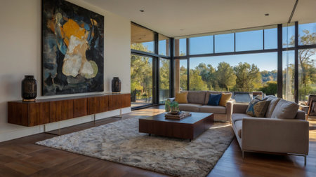 Interior of a modern house, living room with a beautiful view