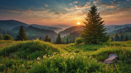 Beautiful sunset in the mountains. Panoramic view. Carpathian, Ukraineの写真素材