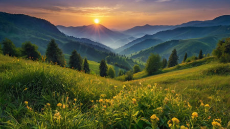 Sunset in the Carpathian mountains. Beautiful summer landscape.