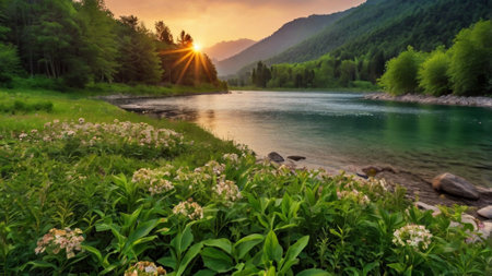 Beautiful summer landscape with mountain river and green forest at sunset.の写真素材