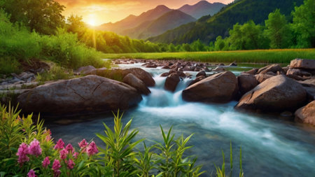 Beautiful mountain river with clear water and green grass at sunset.