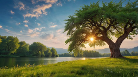Beautiful summer landscape with a big tree and a lake at sunset