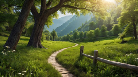 Wooden path in the green mountain meadow. Summer landscape.の写真素材