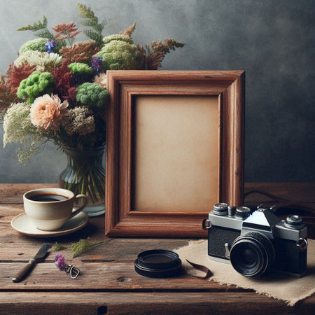 Vintage photo frame, camera, coffee and flowers on wooden tableの写真素材